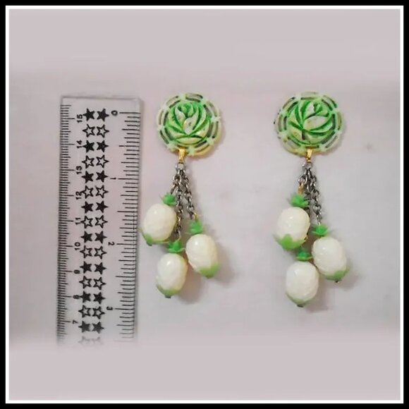 Funky Dangle Roses & Pineapples Earrings OOAK Made with Vintage - Picture 2 of 8